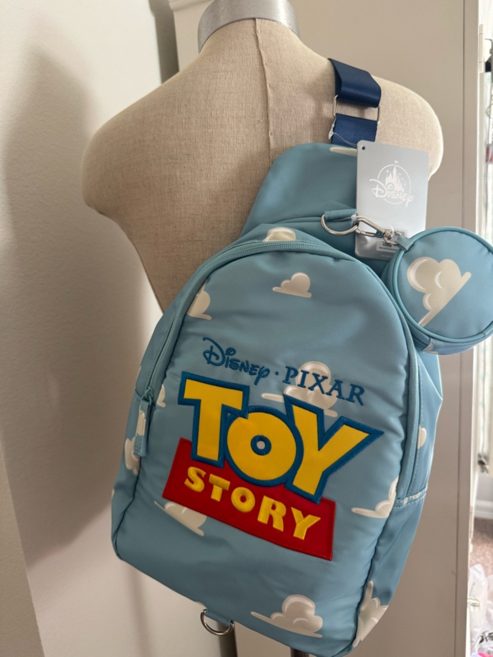 Disney Toy Story Light Blue Kids Sling Backpack with Cloud Print